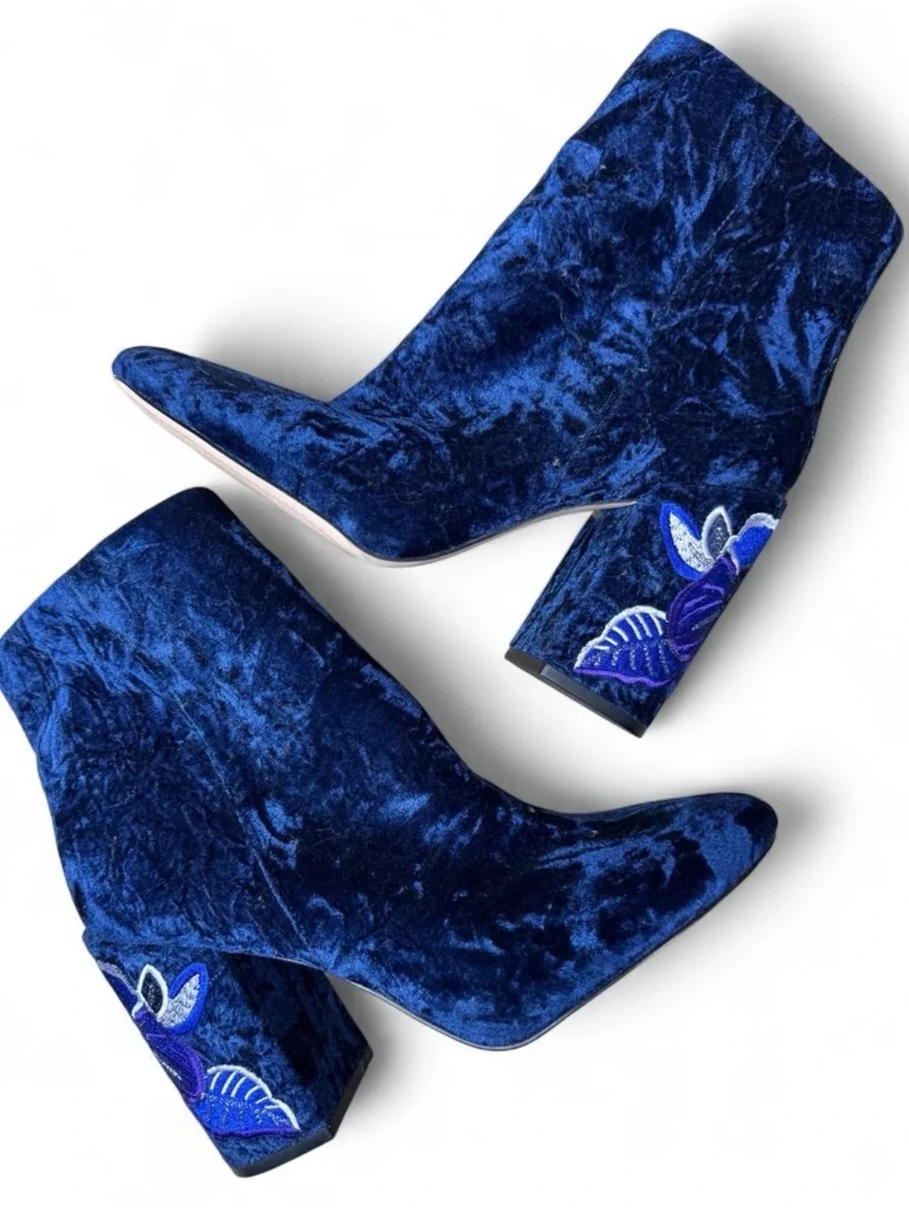 Jessica Simpson Royal Blue Velvet Embroidered Block Heel Ankle Boots